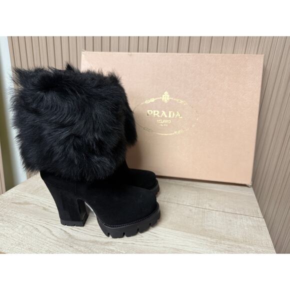 Prada Calzature Donna Real Fur Suede Leather Boots Size EU35